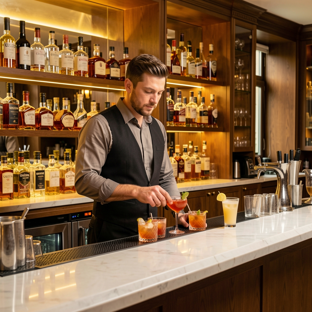 Art Deco koktel bar Crozino u zlatnom svjetlu, bartender priprema koktele u elegantno osvijetljenom baru s polupolicama punim boca premium alkohola