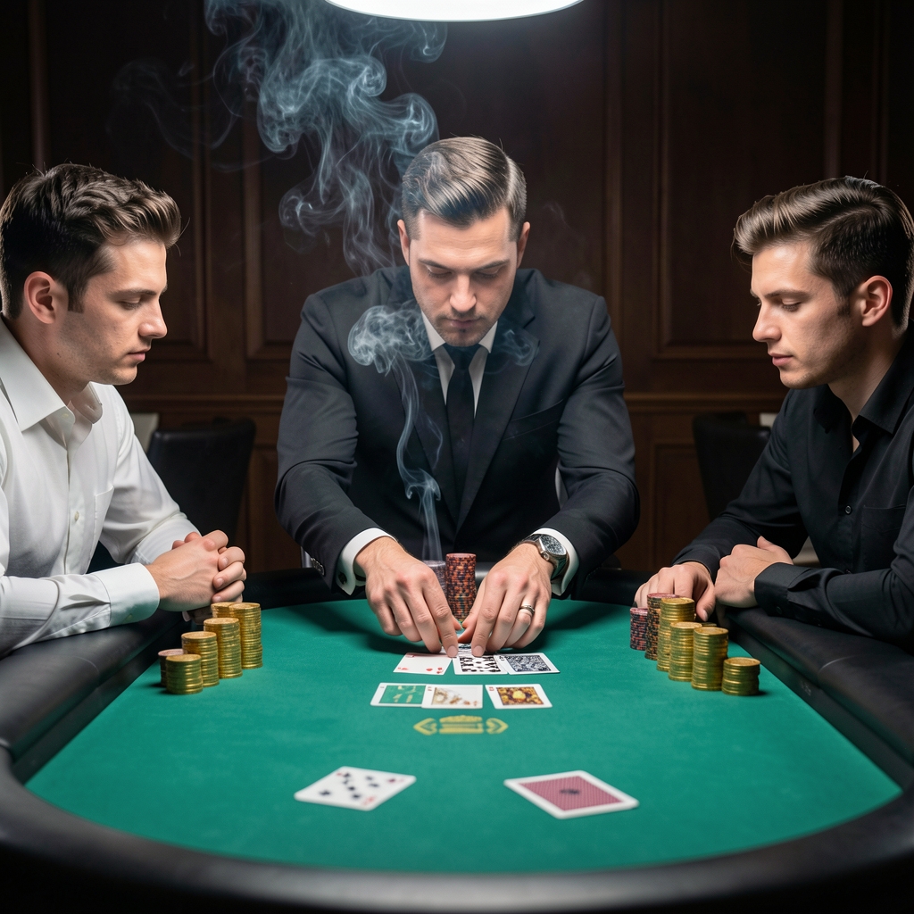 Blackjack dealer u crnoj smoking-odori raspoređuje karte na zelenu podlogu stola, tri igrača promatraju, zlatni žetoni posloženi ispred svakog igrača