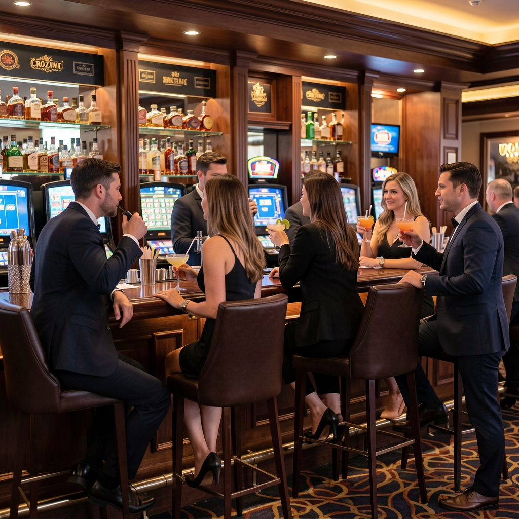 Casino bar u Crozino s gostima koji piju koktele između igara, visoke barske stolice od tamne kože i polica s premium alkoholom iza barmena