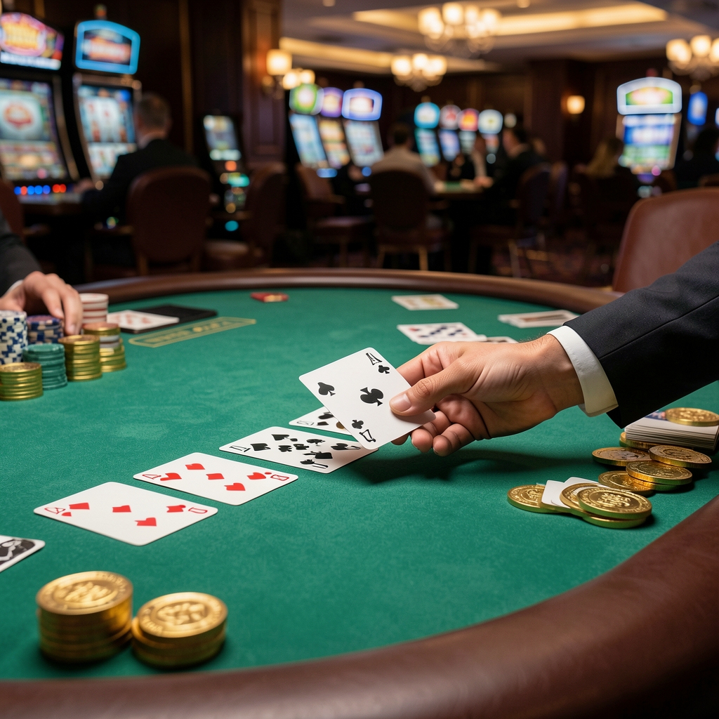 Krupni plan blackjack stola u Crozino casinu, zelena podloga s igračkim kartama i zlatnim žetonima, ruka kroupijera dijeli karte