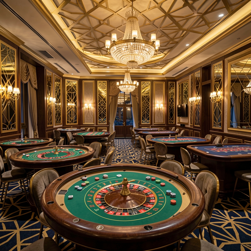 Široki kadar casino dvorane Crozino u večernjem osvjetljenju, rulet stolovi s zelenim podlogama, blackjack stolovi s žetonima, Art Deco dekoracija zlatnim elementima i geometrijskim uzorcima