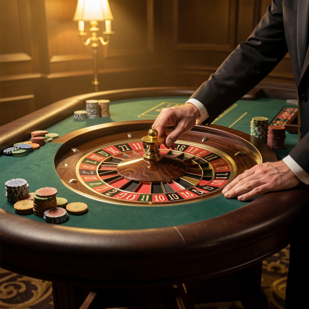 Elegantni casino stol s rulettom u prigušenom zlatnom svjetlu, zelena podloga stola s žetonima i ruke kroupijera koji okreće kuglicu