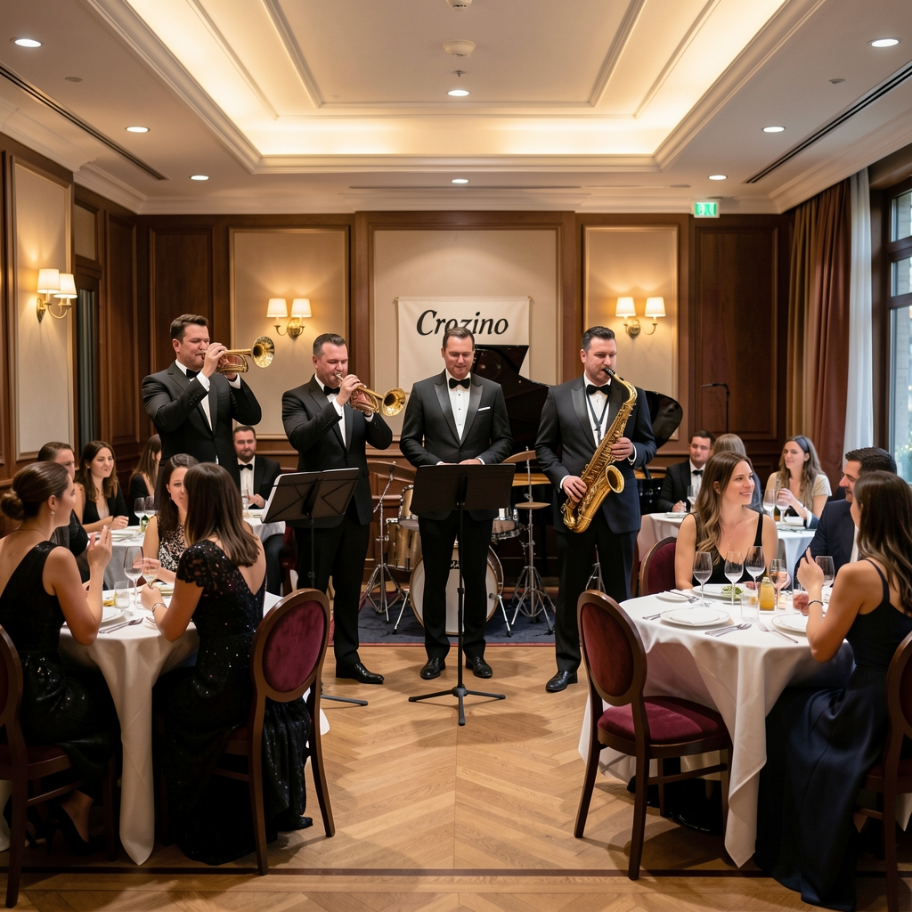 Jazz band nastupa na pozornici Crozino restorana, glazbenici u crnim smoking-odijelima sviraju trompetu klavir i saksofon, gosti sjede za stolovima u večernjoj odjeći