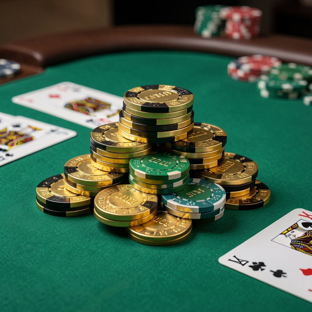 Hrpa Crozino casino žetona u zlatnoj, crnoj i zelenoj boji, posloženi u piramidu na zelenom suknu blackjack stola s kartama