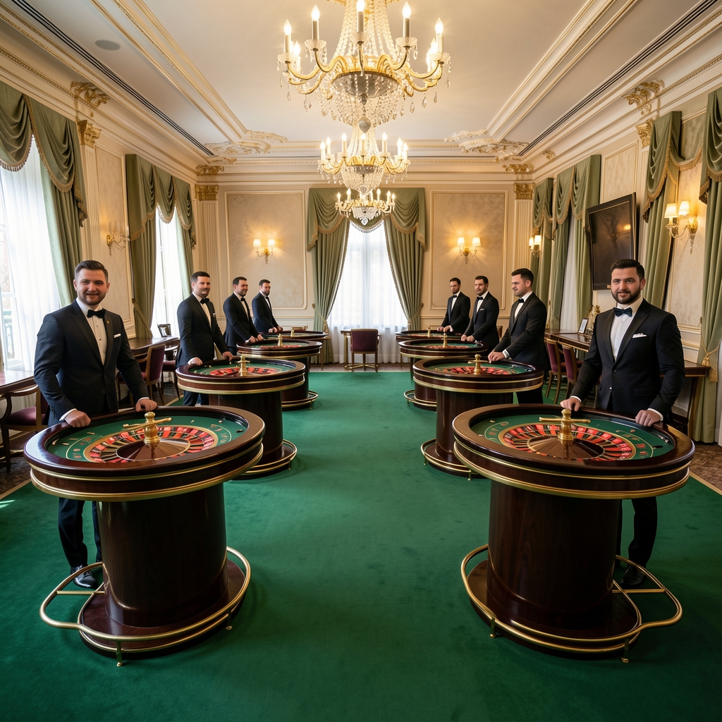 Panoramski pogled na casino dvoranu Crozino s pet rulet stolova, zelenim podlogama i zlatnim rubovima, kroupijeri stoje iza stolova u formalnim odijelima