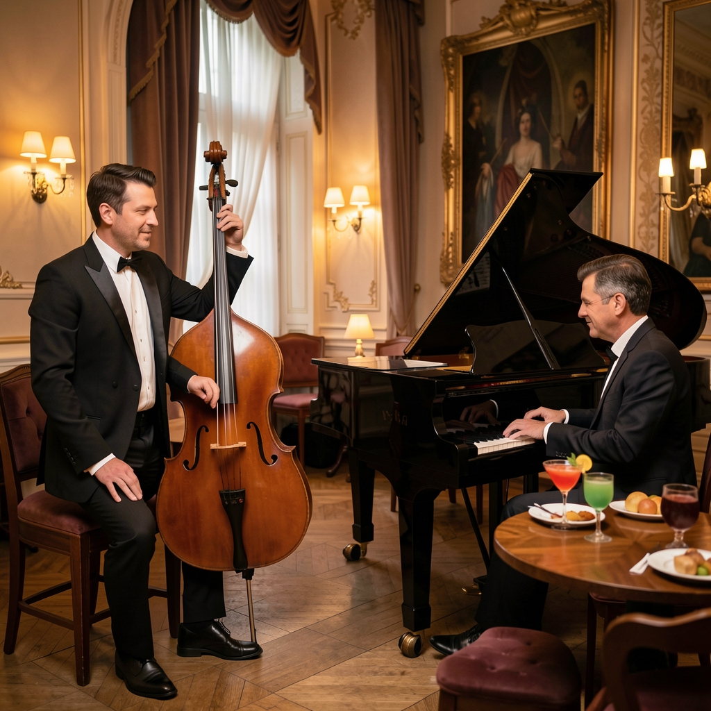 Jazz trio na maloj pozornici Crozino, kontrabasist u crnom fraku, pijanist za sjajnim crnim klavirom, gosti piju koktele i slušaju u toplom osvjetljenju