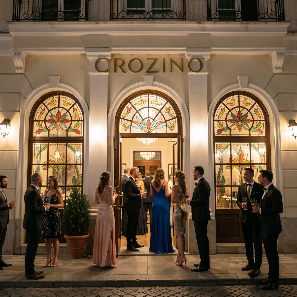 Vanjski izgled Crozino restorana na splitskoj Rivi noću, Art Deco pročelje sa zlatnim natpisom i vitražnim prozorima, gosti ulaze u elegantnim večernjim odijelima