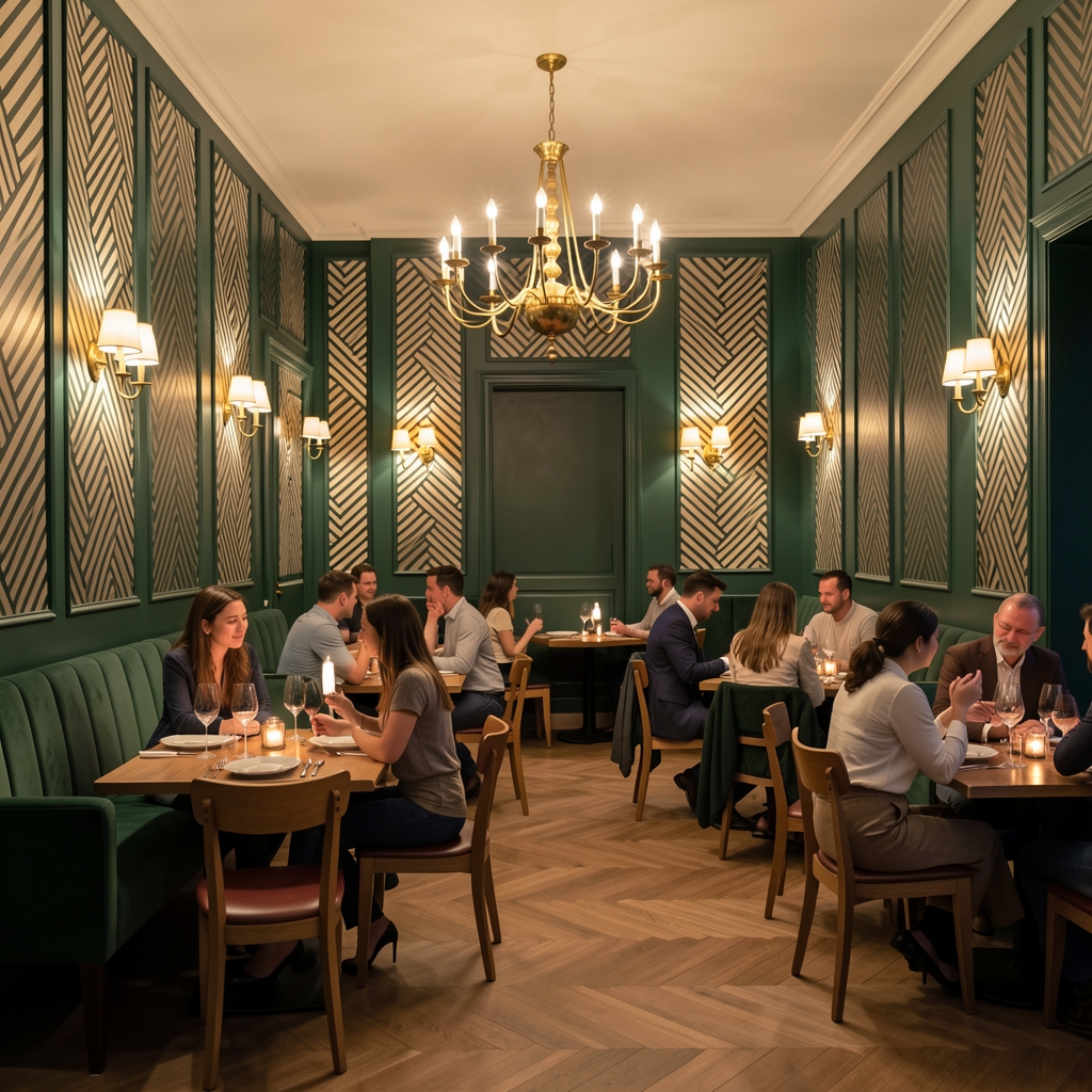 Art Deco interijer Crozino restorana s geometrijskim uzorcima na zidovima, zlatnim lusteri i tamnozelenim paneliranima, večernja atmosfera sa gostima za stolovima