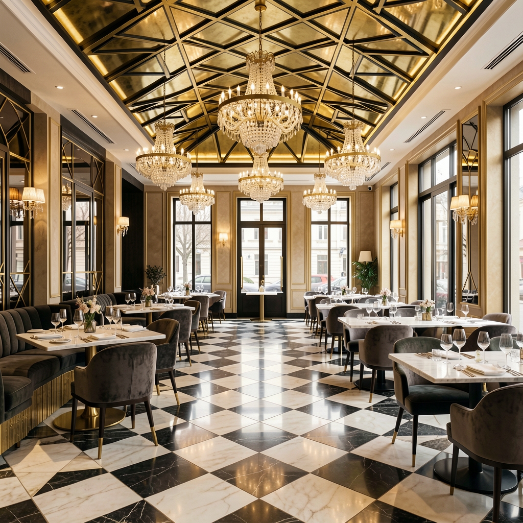 Visoki strop restorana s Art Deco geometrijskim vitrajem u zlatnim i crnim tonovima, kristalni lusteri i mramorni pod s uzorkom šahovnice