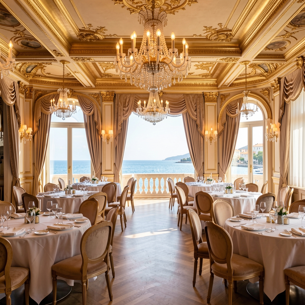 Elegantni interijer Crozino restorana i casina u Splitu s kristalnim lusteri na stropu, zlatnim detaljima i svečano postavljenim stolovima uz pogled na more