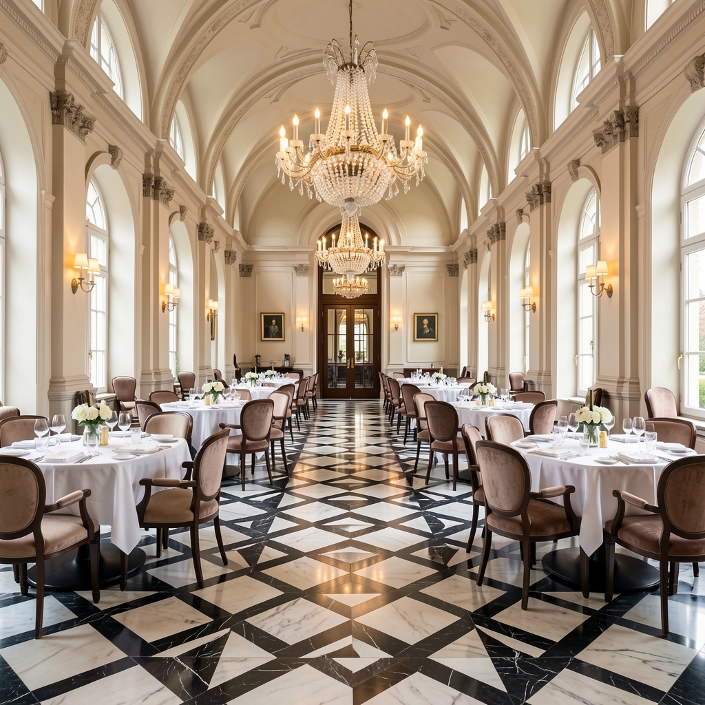Glavna restoranska dvorana u Art Deco stilu s visokim stropovima, geometrijskim uzorcima na podu od crno-bijelog mramora, kristalnim lusteri i elegantno postavljenim stolovima