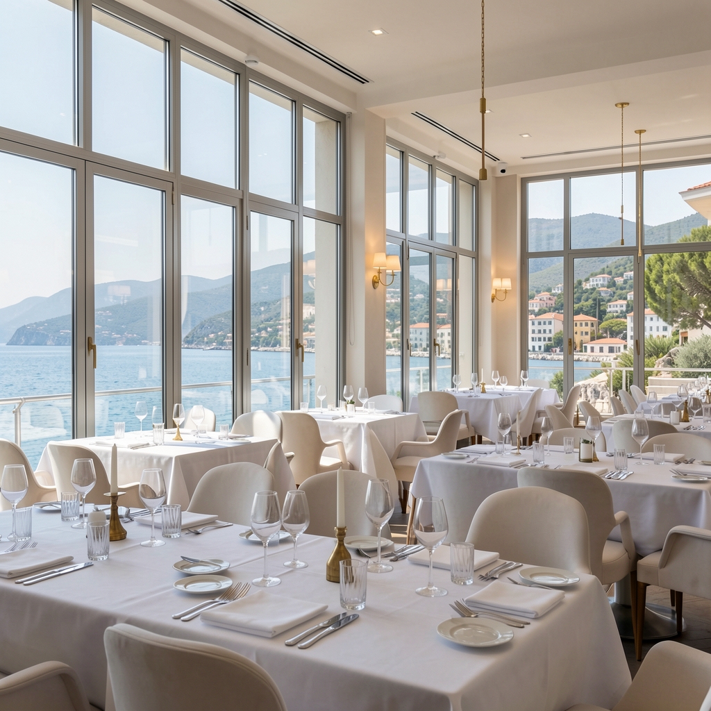 Luksuzna restoranska dvorana s bijelim stolnjacima, kristalnim čašama, zlatnim lampadama i pogledom na splitsku Rivu kroz visoke prozore