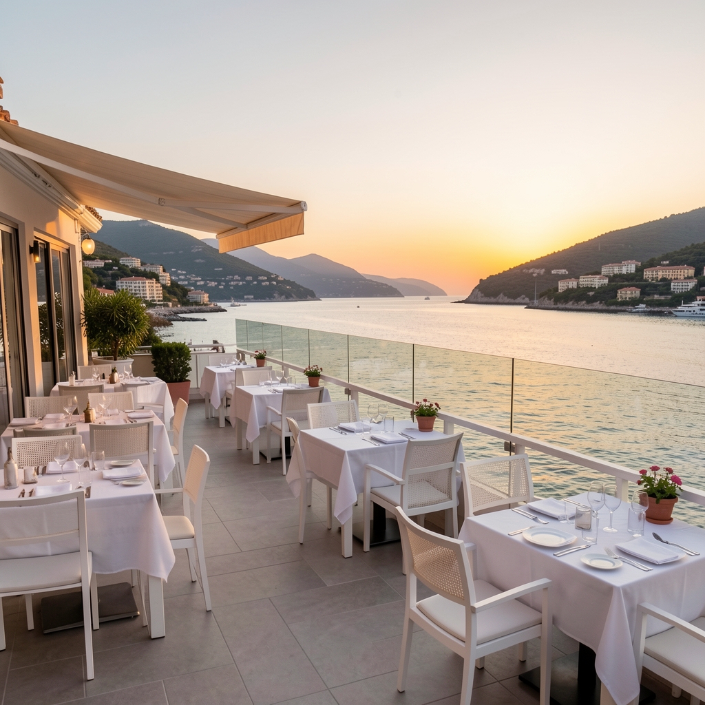Panoramski pogled na Crozino restoran s terasom prema splitskoj Rivi, bijelim stolnjacima i pogledom na Jadransko more pri zalasku sunca