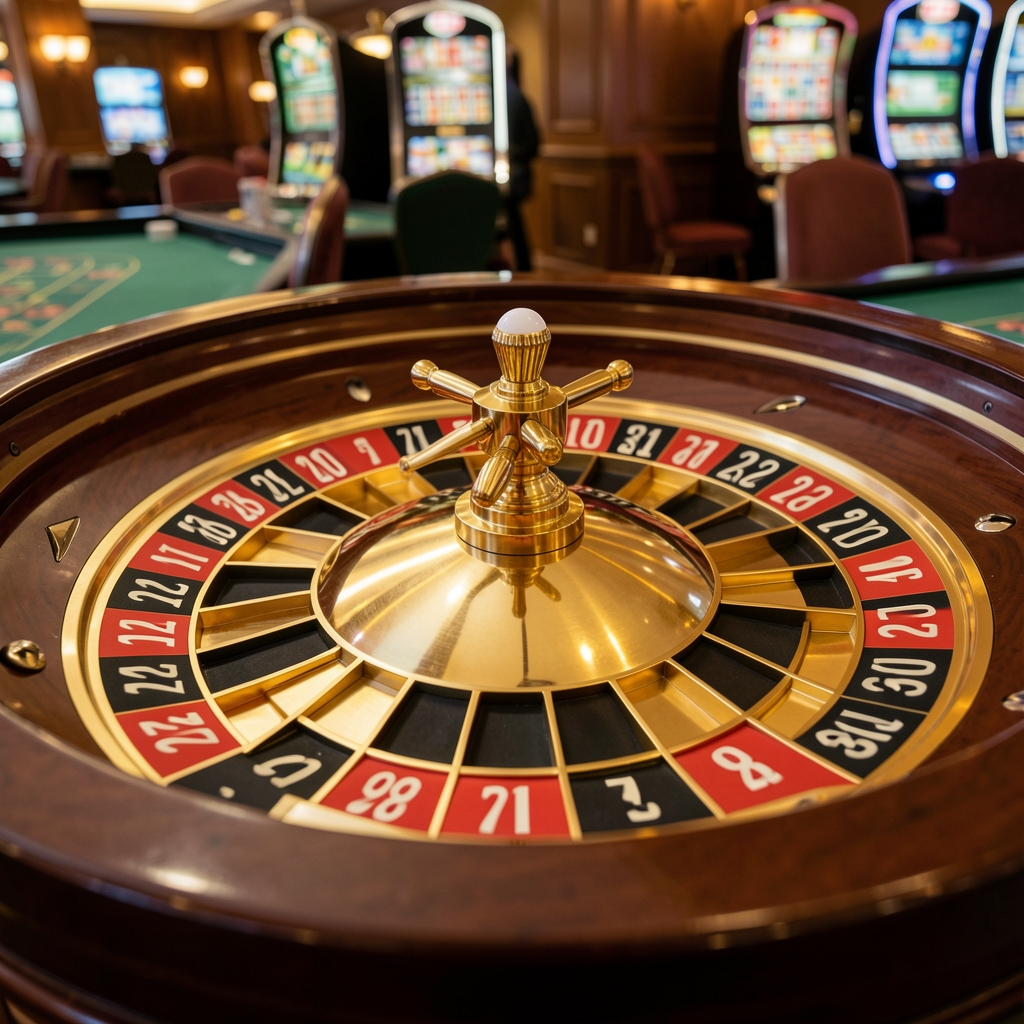 Krupni kadar rulet kotača u Crozino casinu, zlatni i crveni detalji tocija, bijela kuglica na crnom broju, prigušeno zlatno osvjetljenje
