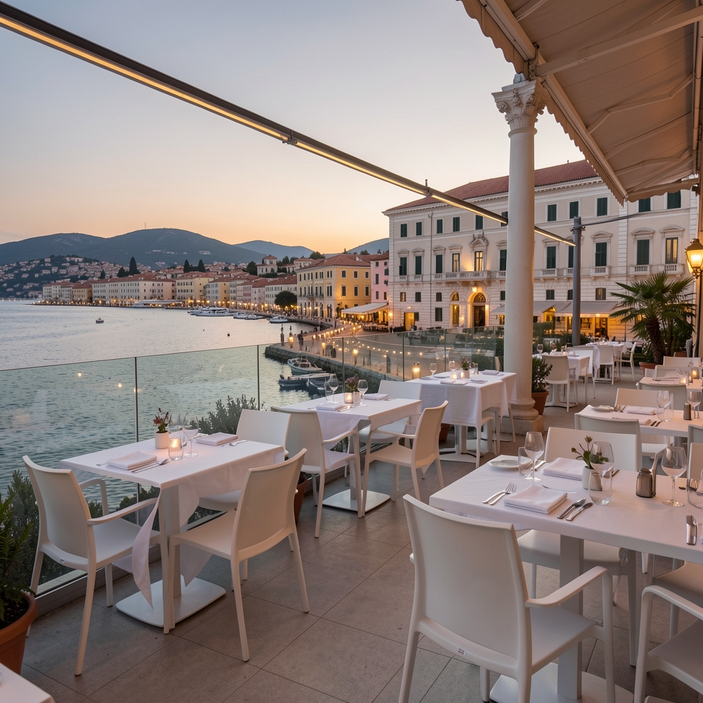 Otvorena terasa Crozino restorana s bijelim stolicama, pogledom na splitsku Rivu i osvijetljenom ulicom Dioklecijanove palače u večernjem sumraku